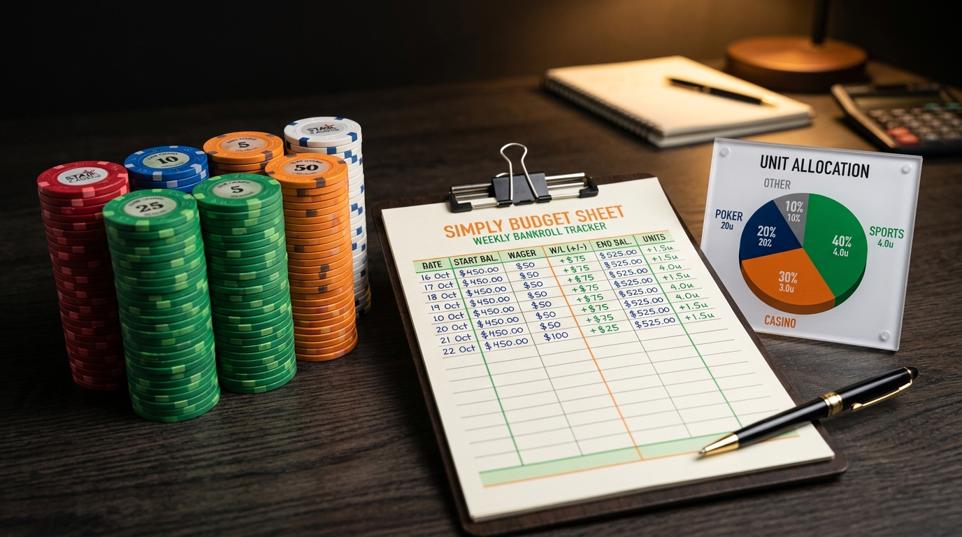 Stacked chips and a budget plan representing bankroll management