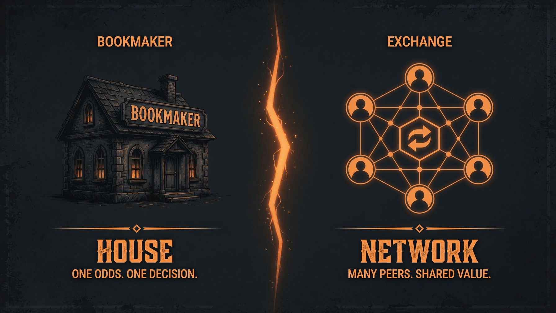 Split illustration comparing a betting exchange and a traditional bookmaker