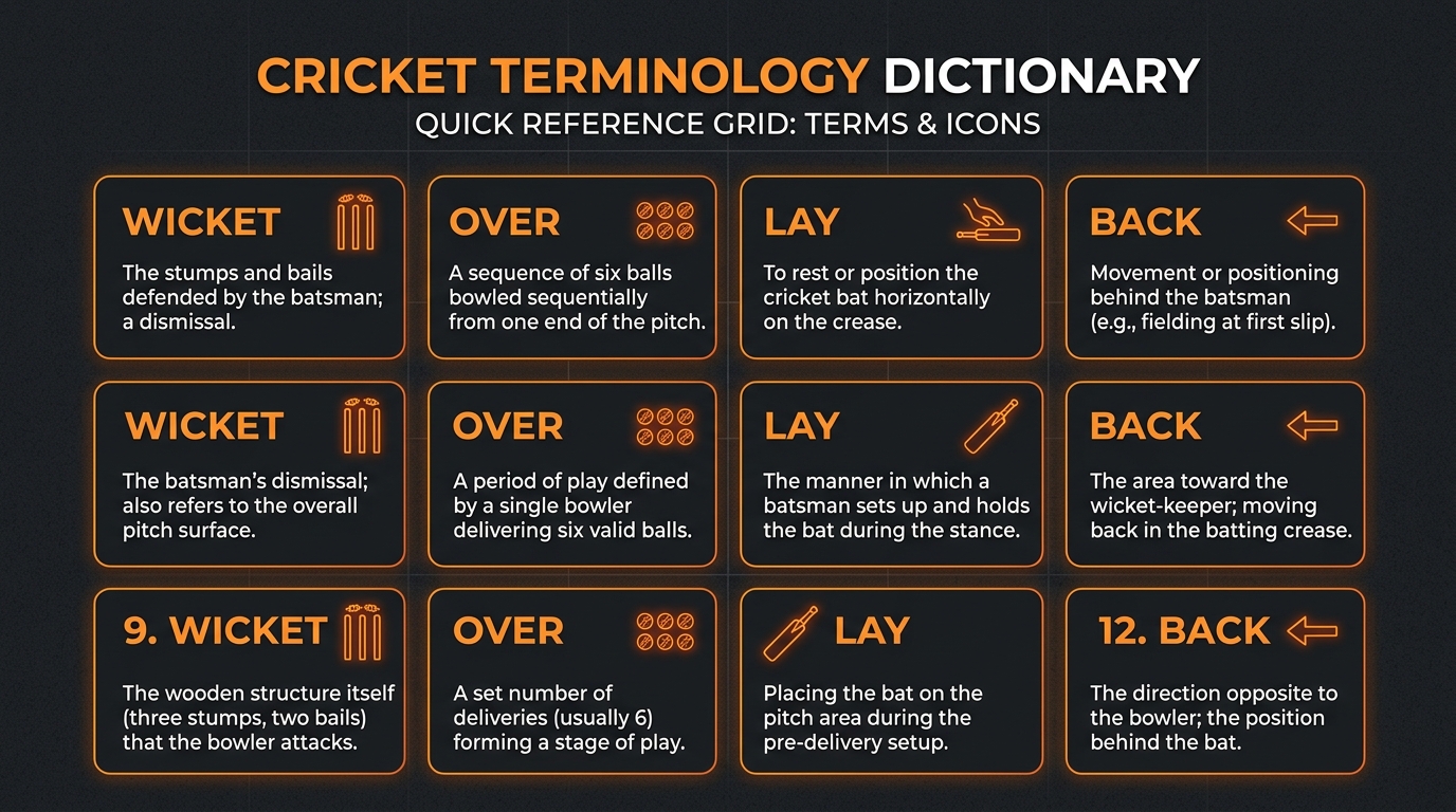 Glossary of cricket and betting terms on a dark card layout