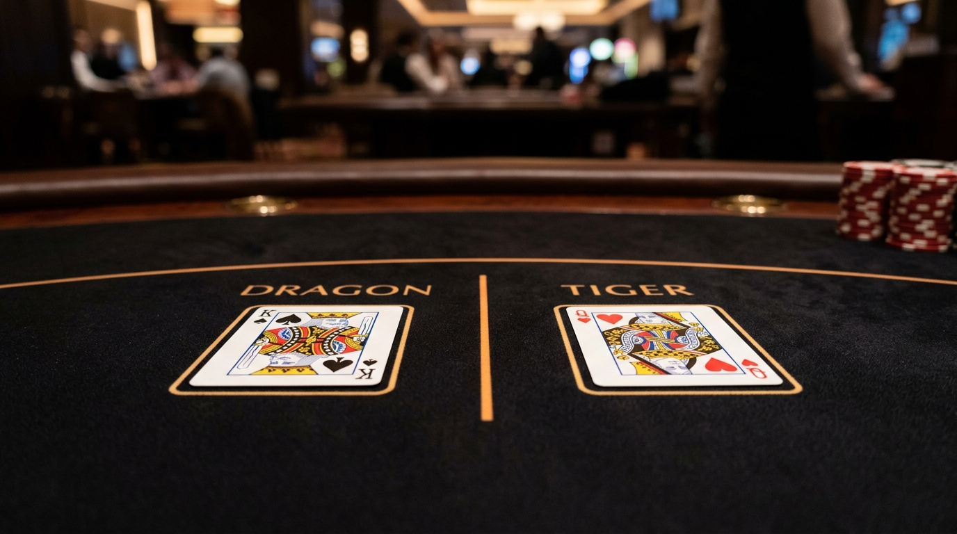 Two cards labelled Dragon and Tiger on a dark casino table
