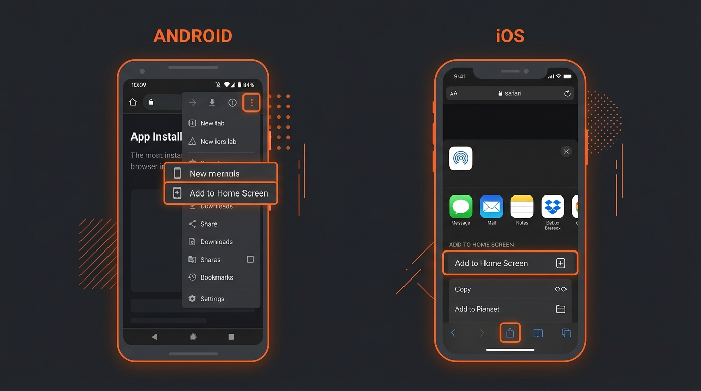Side-by-side Android and iOS add-to-home-screen steps