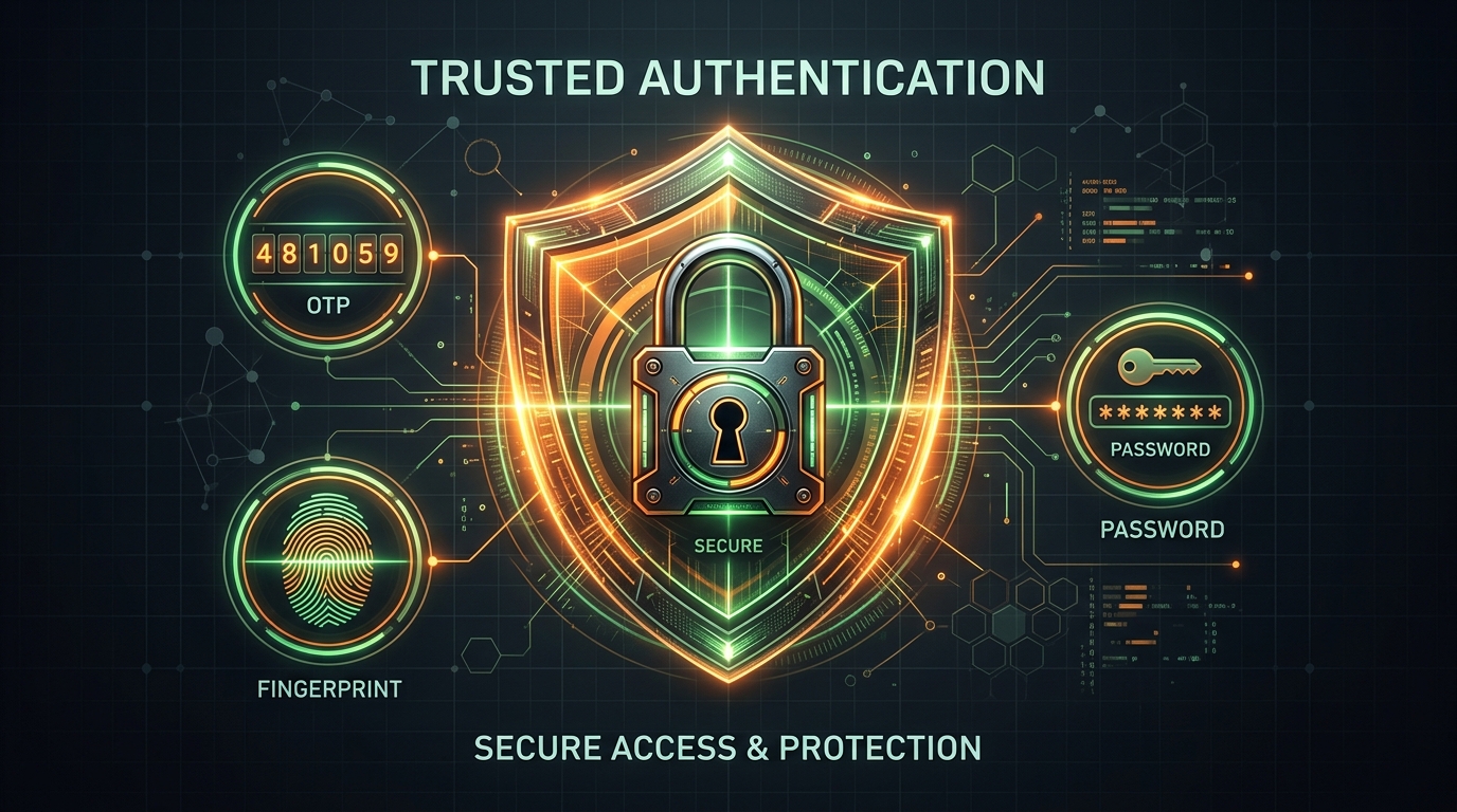 Shield, padlock and OTP security icons on dark background