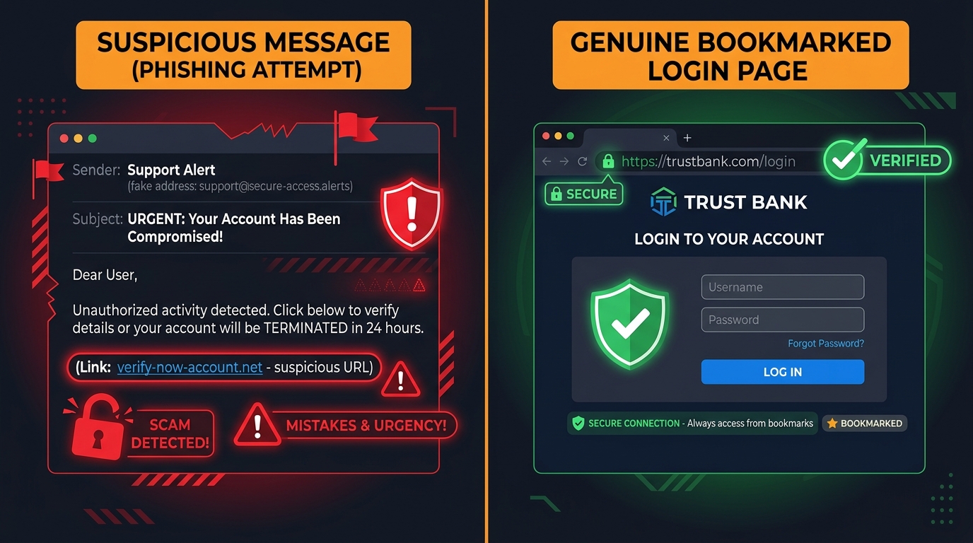 Examples of phishing red flags versus a genuine login page