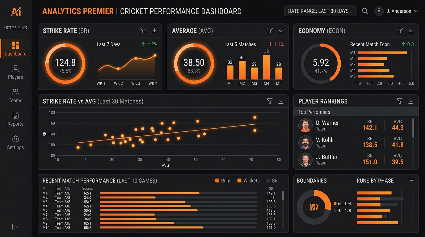 Cricket statistics dashboard with strike rate and economy charts