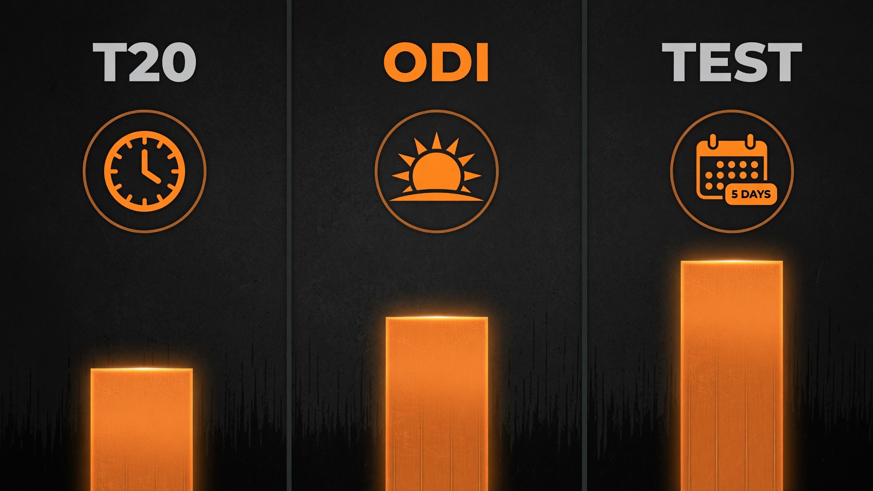 Three cricket formats represented as three columns on dark background
