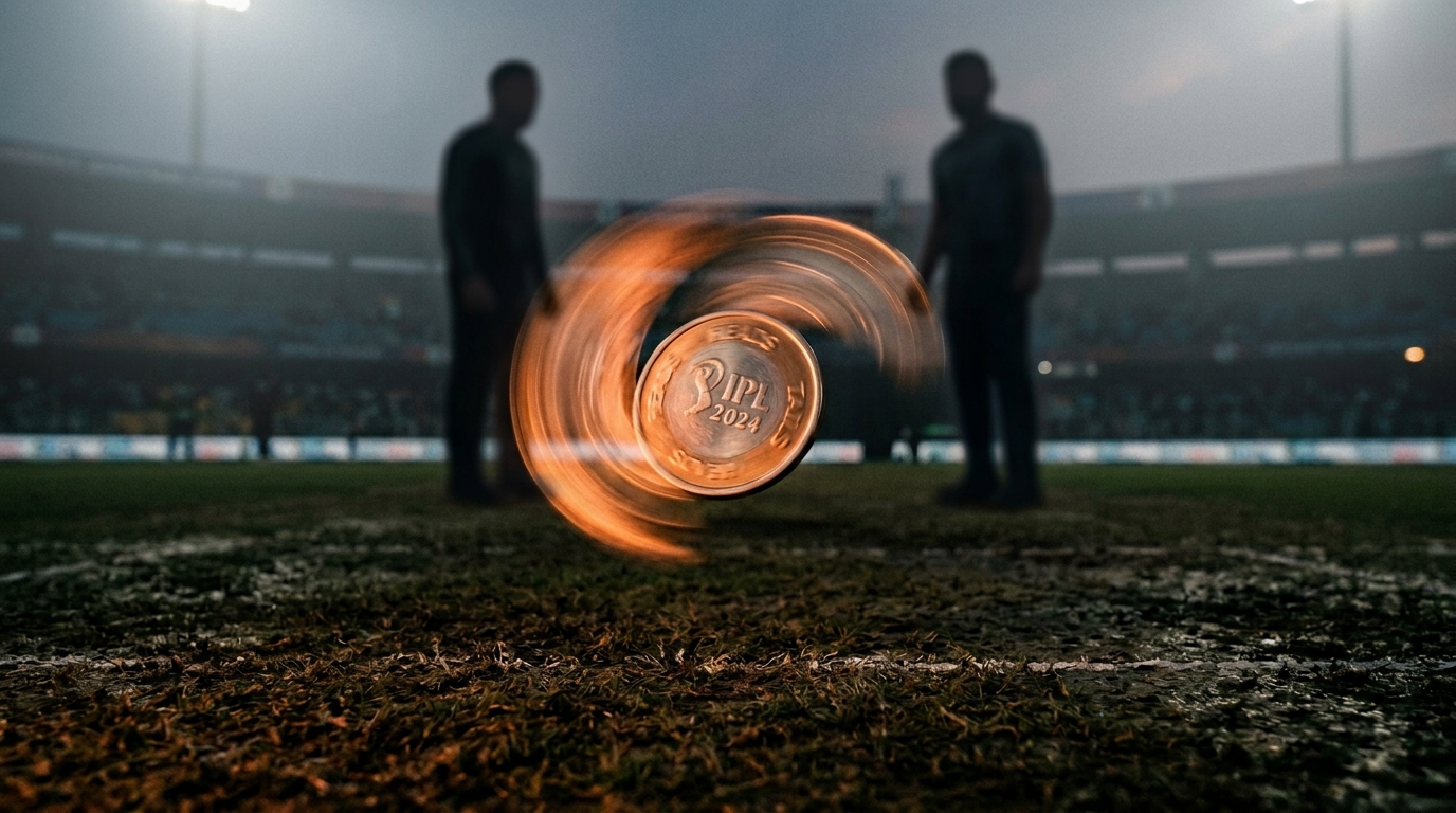 Coin spinning above a cricket pitch at the toss