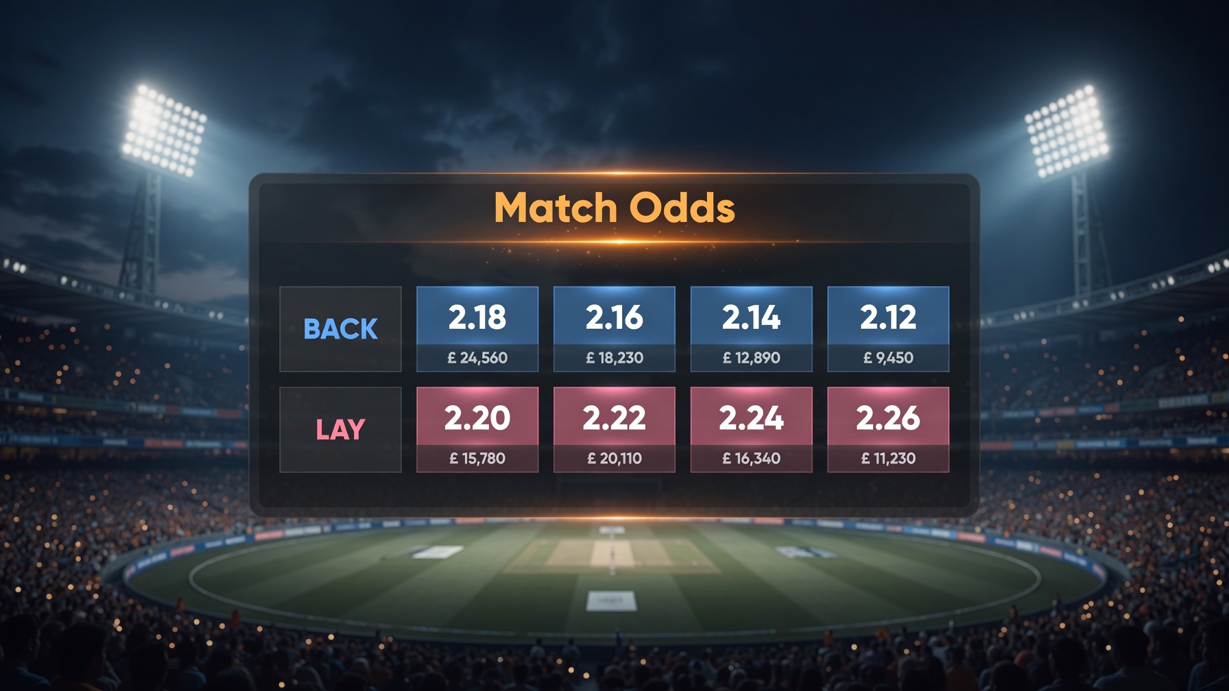 Floodlit cricket stadium at night with a FairPlay betting exchange odds panel overlaid