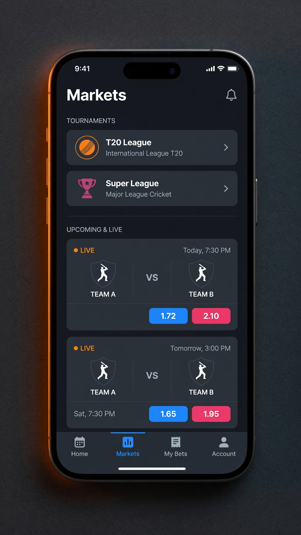 Mobile screen showing IPL and PSL cricket betting markets on FairPlay